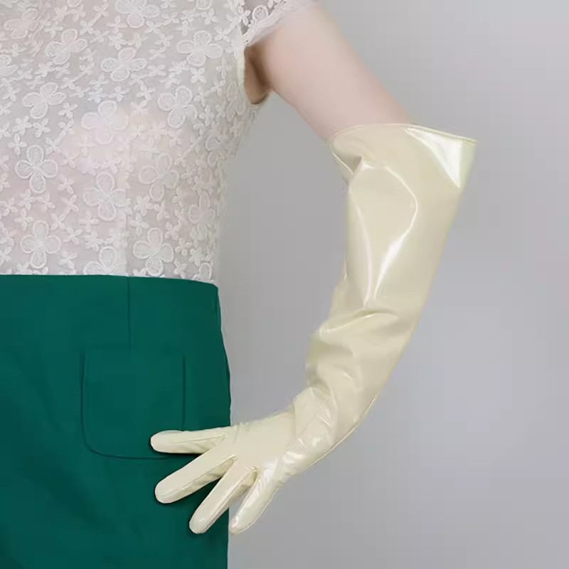 Formal Glove Leather - レディース ランウェイファッション パテント加工 ベージュ PUレザー ロンググローブ