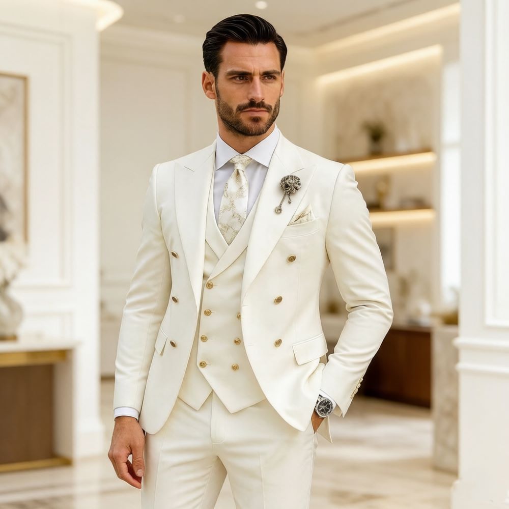 Men Formal Wear Modern - メンズアイボリーウェディングスーツスリムフィット3ピースダブルブレストタキシードミックスマッチモダンピークドラペルプレミアムフォーマルオケージョングルームウェア