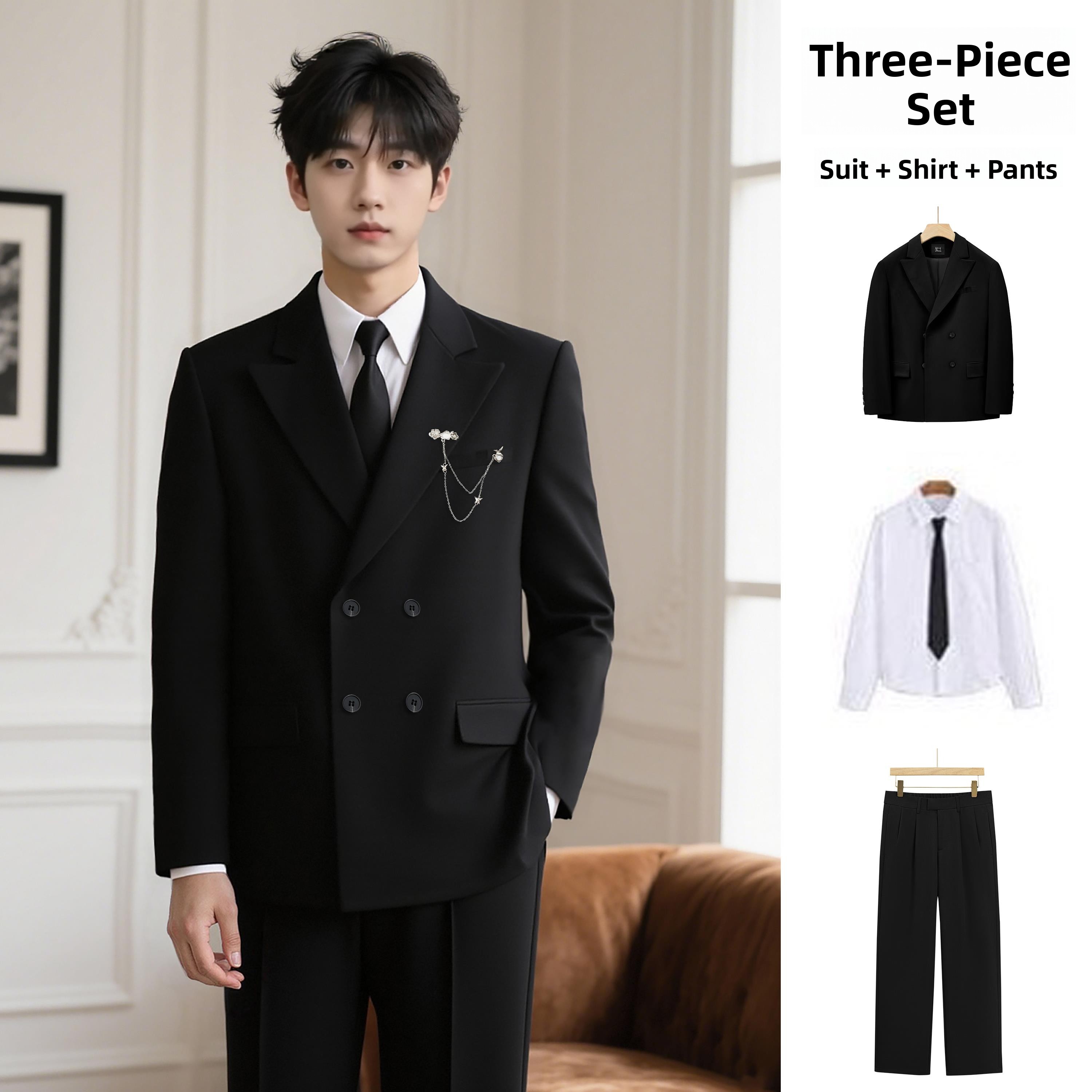 Men'S Formal Wear For Engagement - エレガントなダブルボタンスーツセット メンズ ウェディング・婚約フォーマルウェア スタンダードフィット 長袖 無地