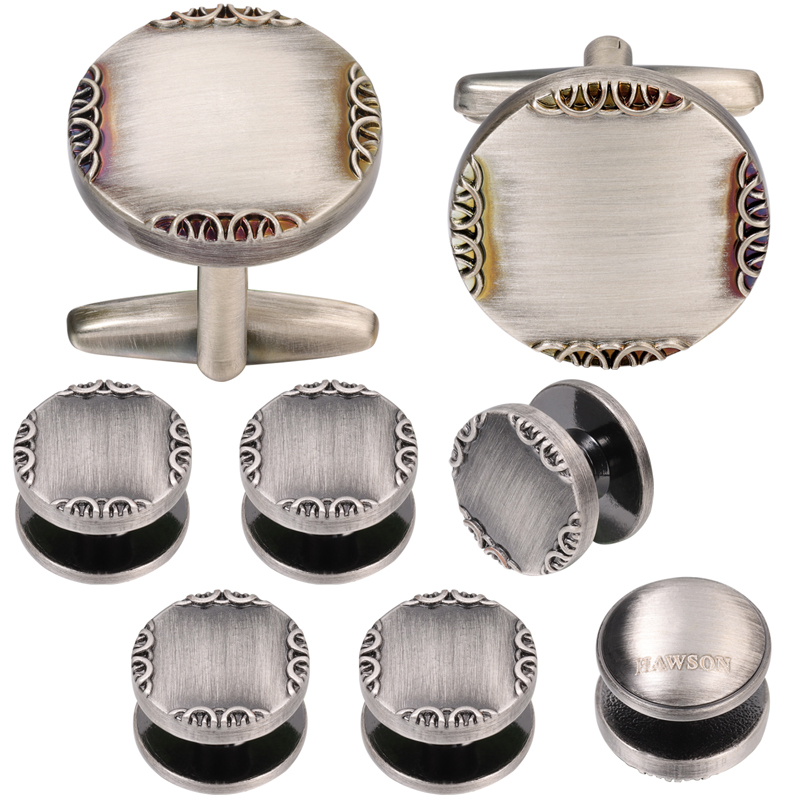 Cufflinks Silver Set - 男性用のアンティークシルバーカラーのカフリンクスとスタッド,5リングとマークされたメタルリンクのセット,ホーソンロゴ付きの新しいジュエリー