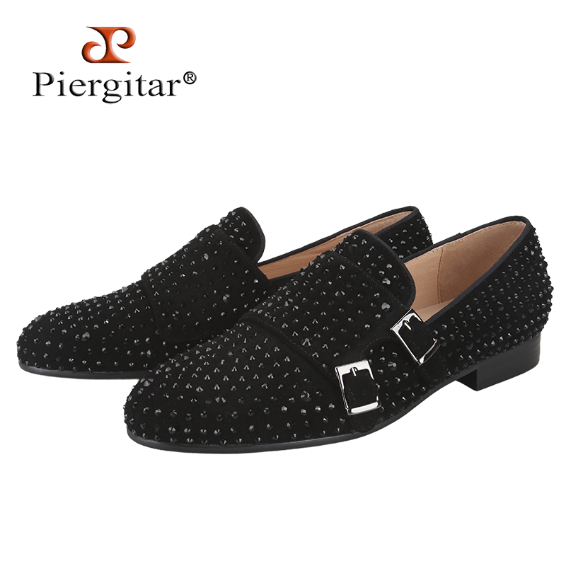 Men'S Formal Wear - Piergitar 新しい黒スエードメンズダブルモンクシューズ手作りラインストーンパーティーやプロムスタイルのスリッポンローファーフォーマルウェア