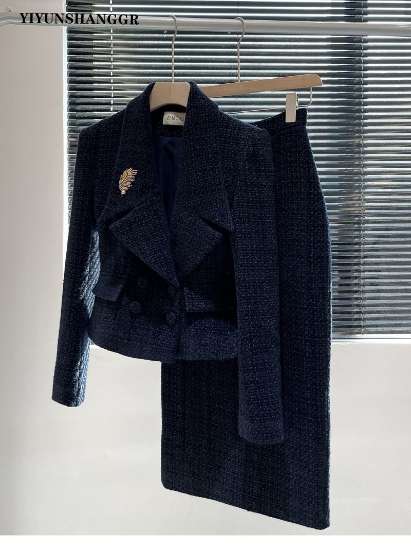 Wool Suit Jacket - 秋冬新作ツイードレディーススーツ高級エレガントラペル長袖ショートジャケット＋スリット入りスリムスカート無地ツーピースセット