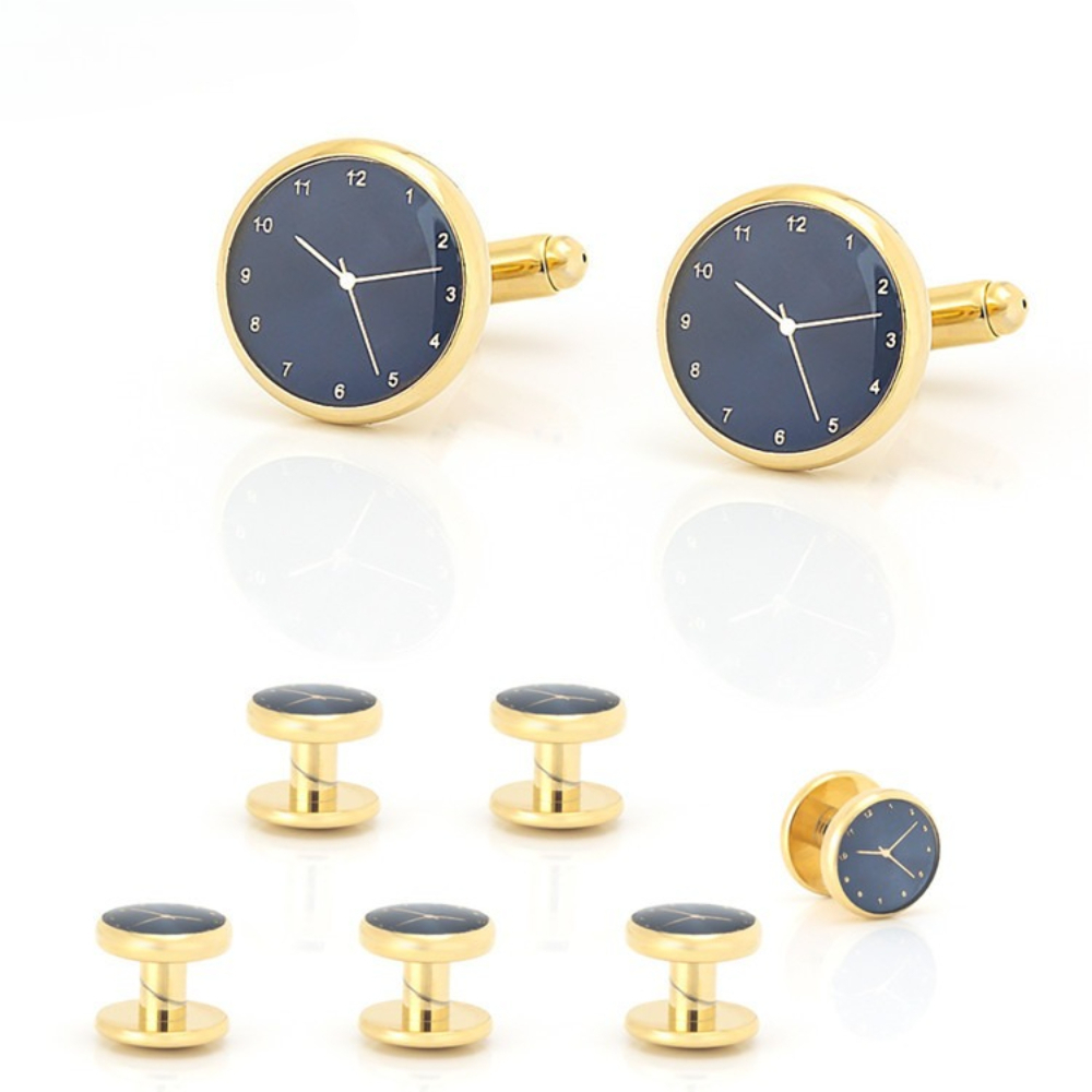 Cufflinks Silver Set - 時間美学ゴールドシルバー時計カフスボタンカラーバックル6点セットメンズビジネスドレスウェディング高級アクセサリー