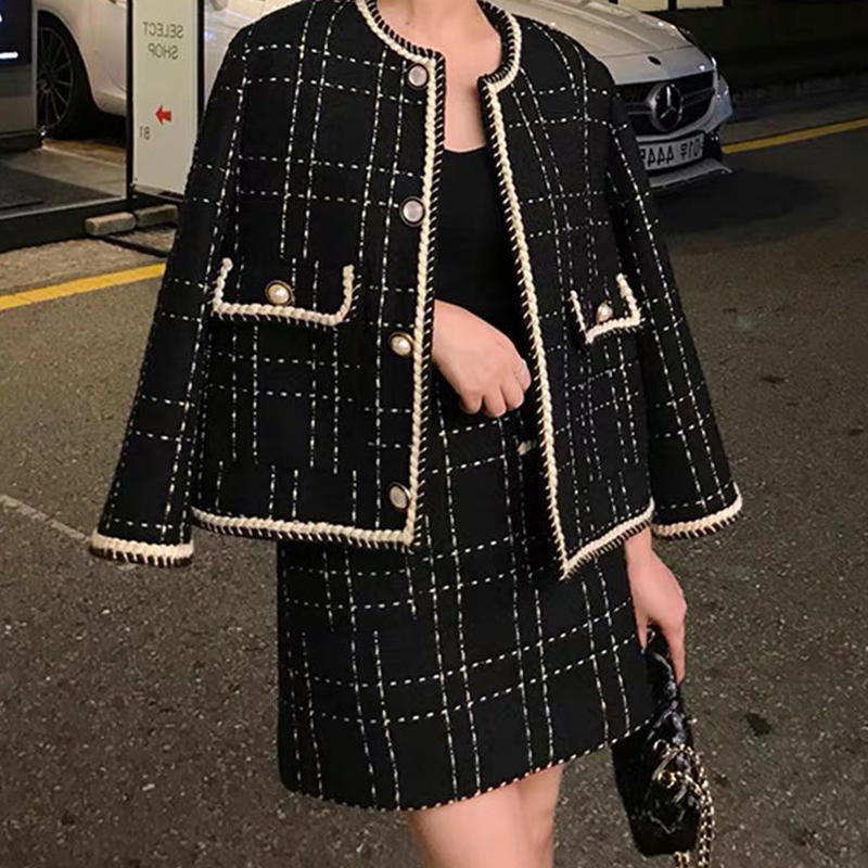 Wool Suit Jacket - レディースフライドストリートツイードスーツ 2023 新作 春秋 ウールジャケット+スカート 女性用ファッション