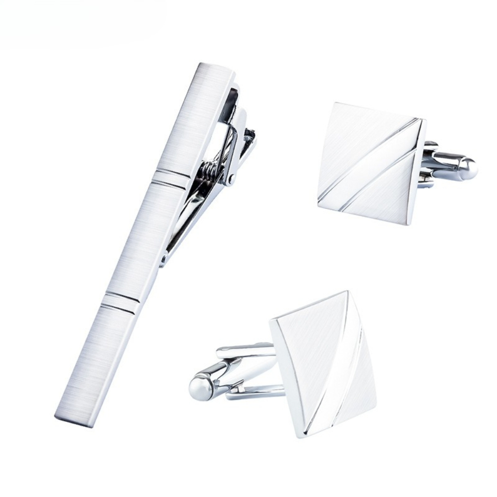 Cufflinks Silver Set - セット男性用新しいシルバースクエアブラッシュメタルタイクリップカフスセットシャツカフスフォーマルビジネスギフト男性用卸売