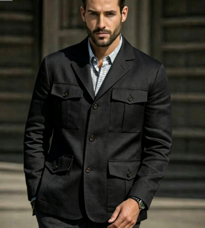 Men'S Formal Resort Wear - ブルーリネンサファリブレザー メンズ ヴィンテージカジュアルレジャーハンティングジャケット 通気性のあるイタリアンリゾートデイリージェントルマンウェア カスタムメイド