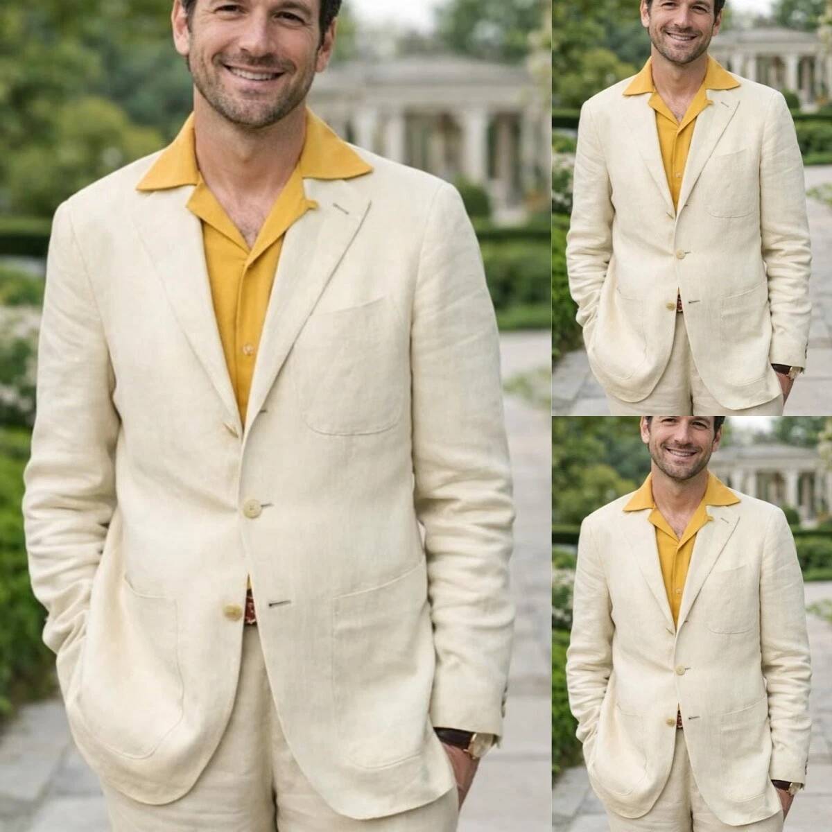 Men'S Relaxed Formal Wear - ベージュリネン2ピースメンズスーツプロムディナーパーティージャケットカジュアルウェアコートブレザーリラックスフィットトラウザーズサマーカスタマイズドアウトフィット