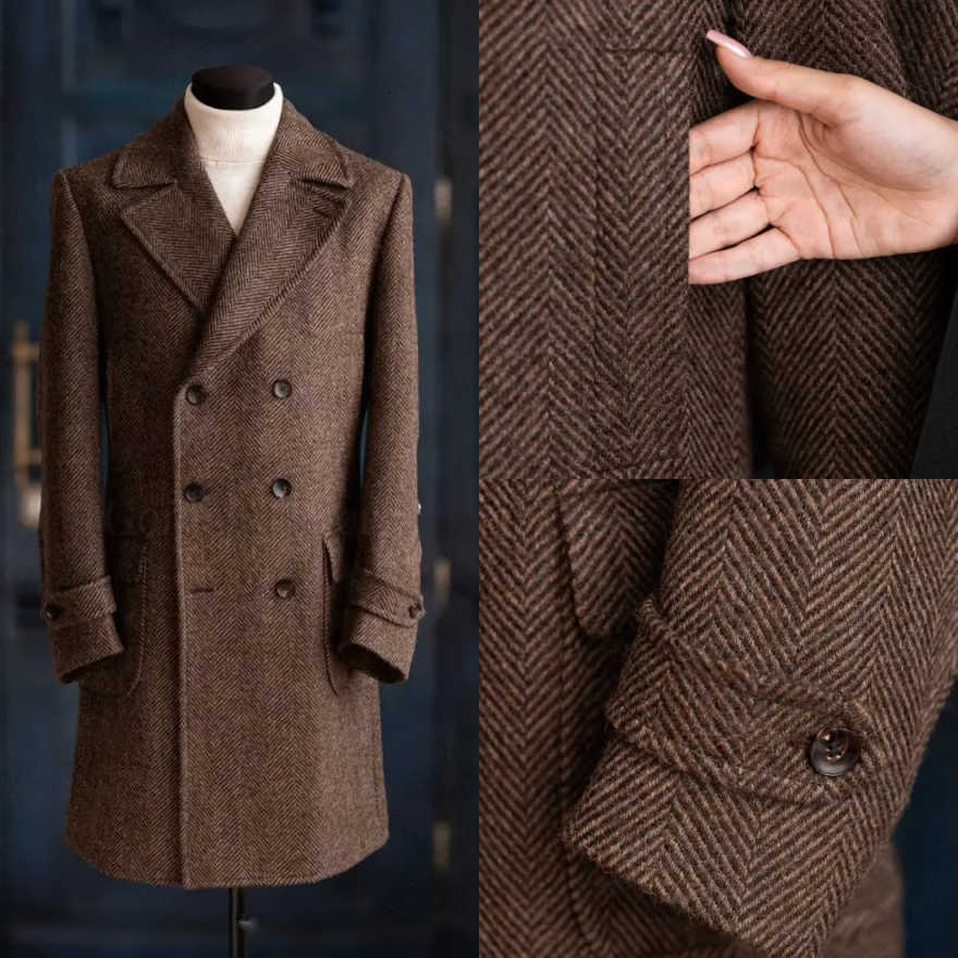 Men Formal Wear Modern - モダンなデザインのヘリンボーン柄オーバーコート。1枚で着用可能。ダブルブレスト、冬用、暖かく、フォーマルなビジネスシーンや宴会、パーティーに最適。カスタムメイドも可能。
