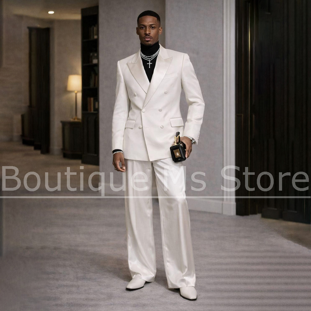 Men Formal Wear Modern - メンズホワイトサテンスーツ2ピースダブルブレストピークドラペルモダンスリムグルームウェディングプロムフォーマルイブニングパーティータキシード