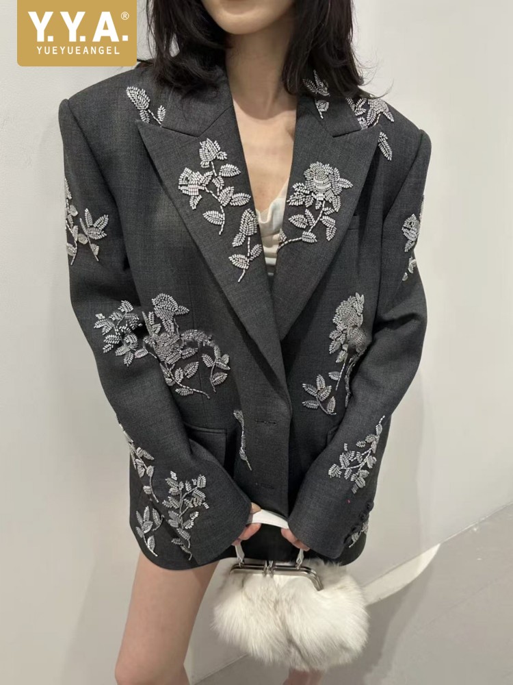 Wool Suit Jacket - 高品質レディースグレールーズブレザー デザイナーオフィスレディース ビーズ装飾スーツジャケット ラペルカラー ファッションシングルブレストコート