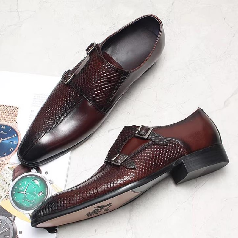 Scale - Men Formals & Ethnic Wear - 英国風魚鱗模様ダブルバックルシューズ メンズレザーフォーマルローファー メンズモンクシューズ 本革ドレスシューズ