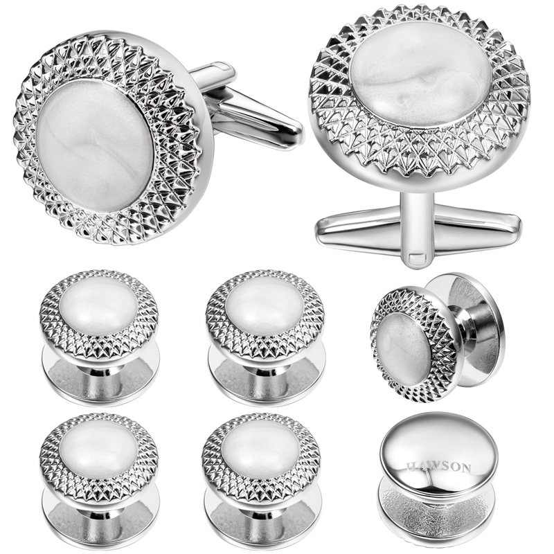 Cufflinks Silver Set - HAWSON シルバーメッキオパールシェルインレイカフスボタンとシャツスタッドセット男性フォーマル結婚式タキシードドレスシャツアクセサリー