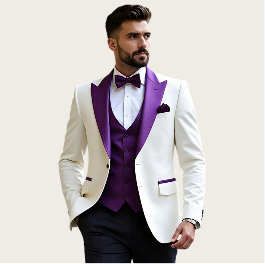 Men'S Formal Wear - 白いメンズスーツ3点セット、スリムフィット、ピークドラペル、フォーマル、新郎衣装、ブレザーセット、パーティー用タキシード、男性用スーツ。
