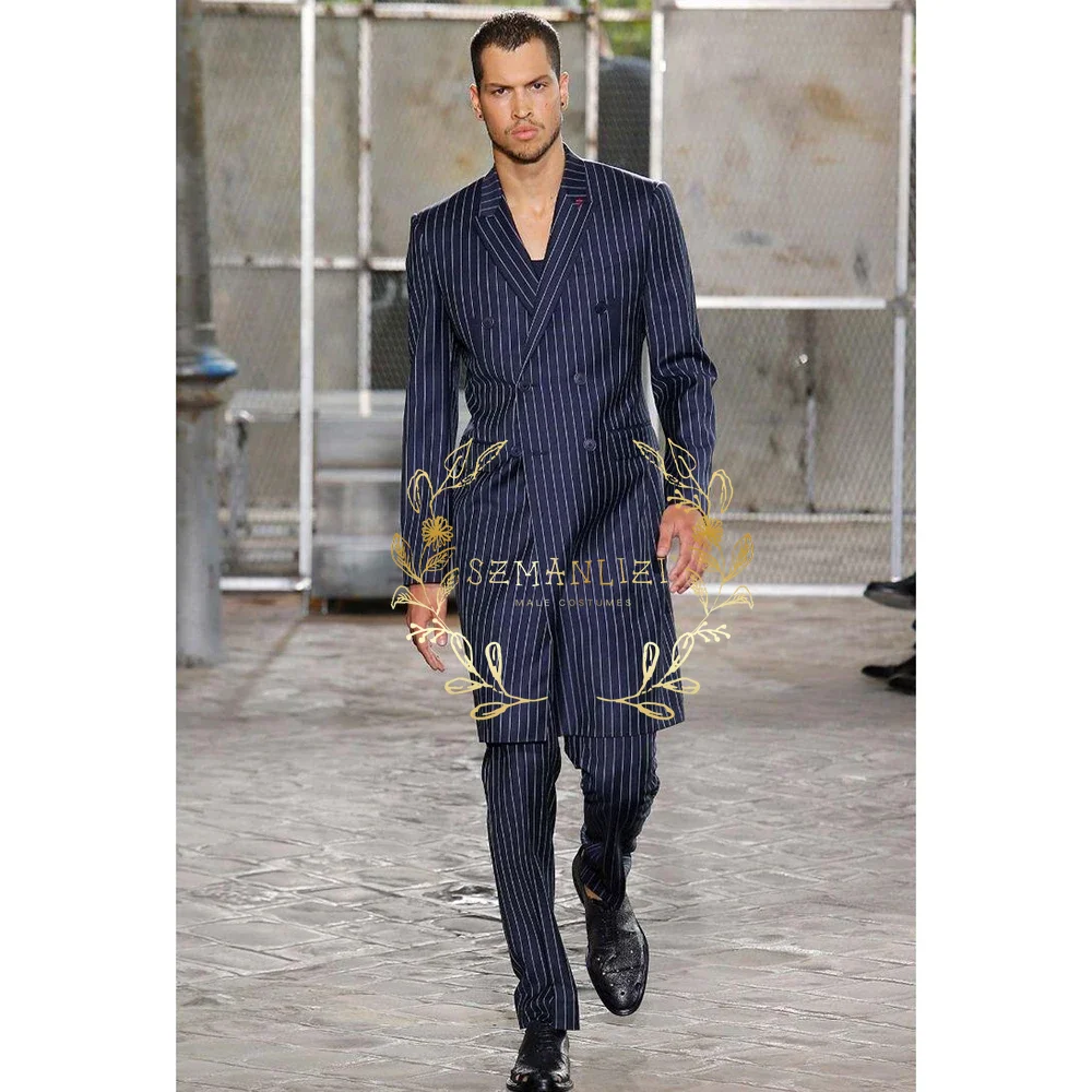 Men Formal Wear Modern - フォーマルメンズスーツ 2 ピース ネイビー ブルー ストライプ