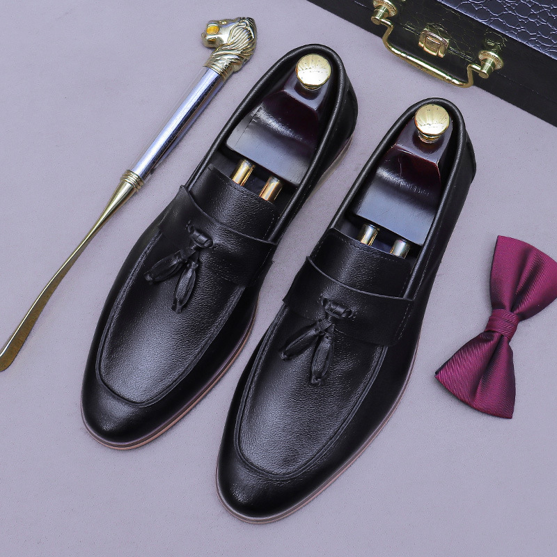 Men'S Formal Wear - メンズタッセル本革ローファー、ツートーンバーニッシュスクエアトゥ、ローブロックヒール、スリッポン、フォーマルドレスシューズ、ビジネスや日常着に