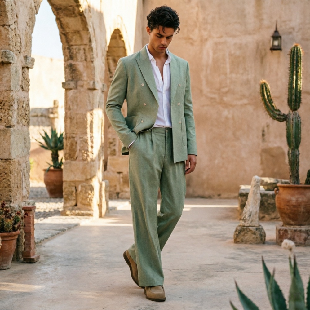 Men'S Relaxed Formal Wear - セージグリーンリネンメンズスーツリラックスしたダブルブレスト2ピース通気性のある結婚式のゲスト衣装ブレザーパンツセット夏のフォーマルウェア