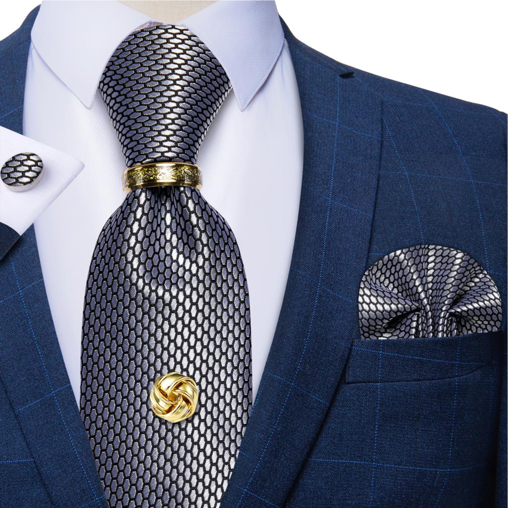 シルバーブラックシルクチェックのウェディングアクセサリー,8 - Cufflinks Silver Set のレビューと価格