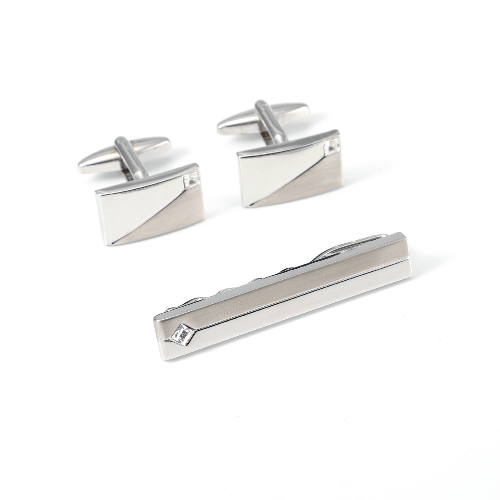 シンプルな幾何学模様のダイヤモンドスタッズ付きカフスボタンと - Cufflinks Silver Set のレビューと価格