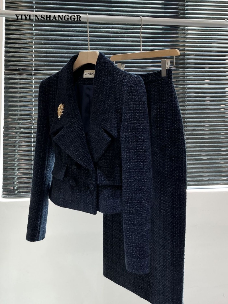 秋冬新作ツイードレディーススーツ高級エレガントラペル長袖ショ - Wool Suit Jacket のレビューと価格