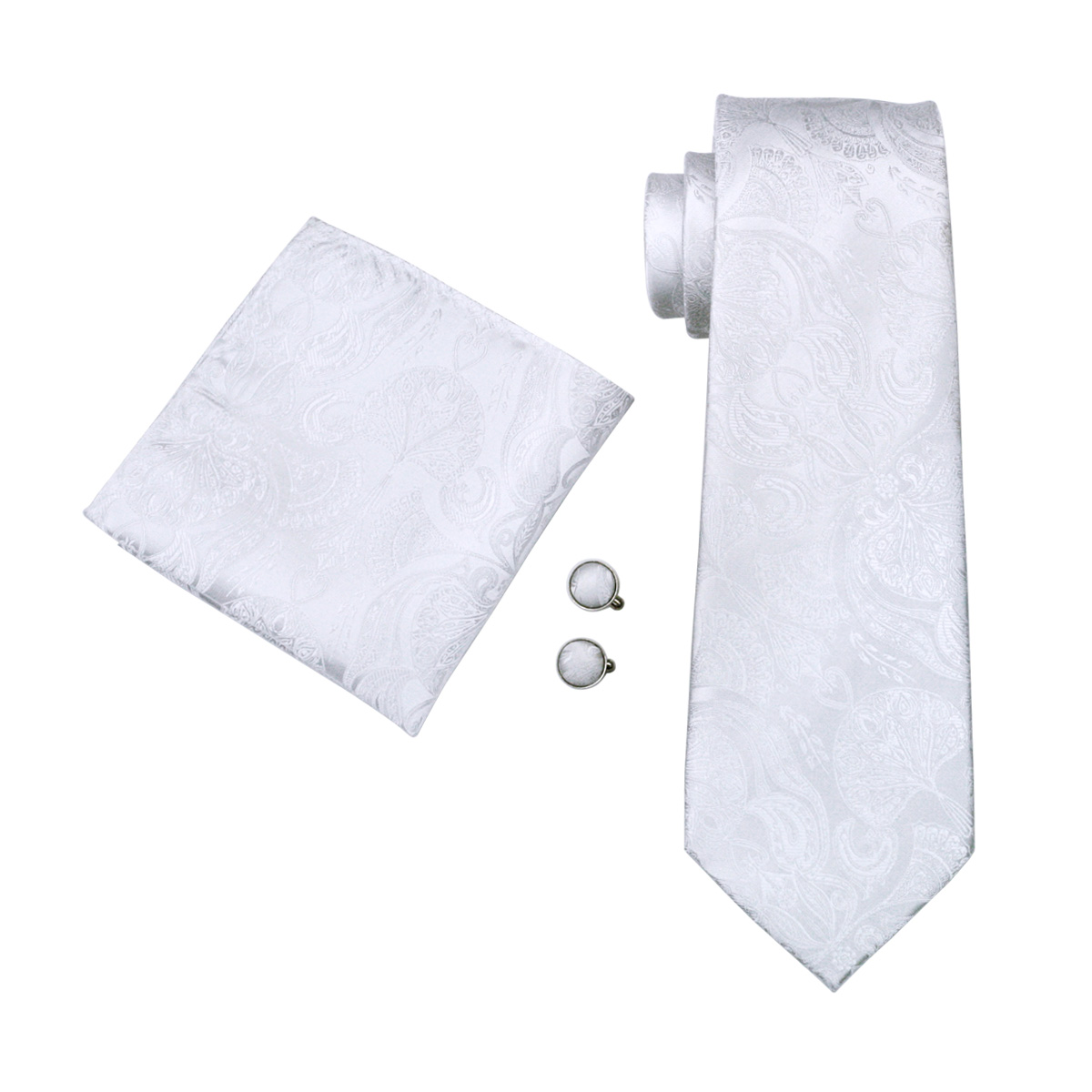 FA-393 メンズネクタイホワイトペイズリーシルクジャカー - Cufflinks Silver Set のレビューと価格