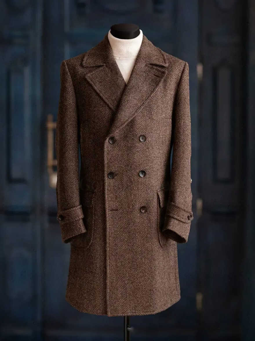 モダンなデザインのヘリンボーン柄オーバーコート。1枚で着用可 - Men Formal Wear Modern のレビューと価格
