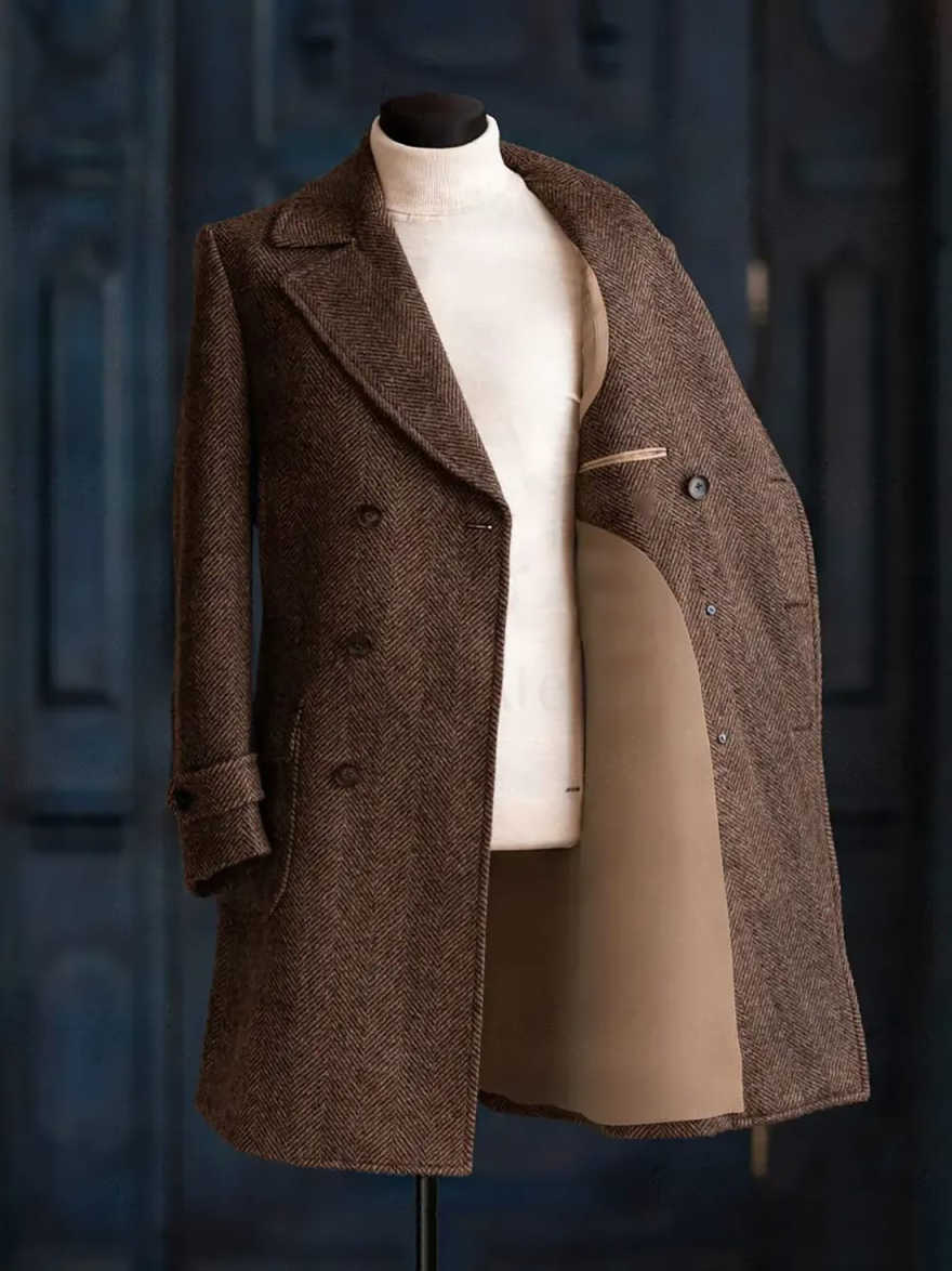 モダンなデザインのヘリンボーン柄オーバーコート。1枚で着用可 - Men Formal Wear Modern のレビューと価格