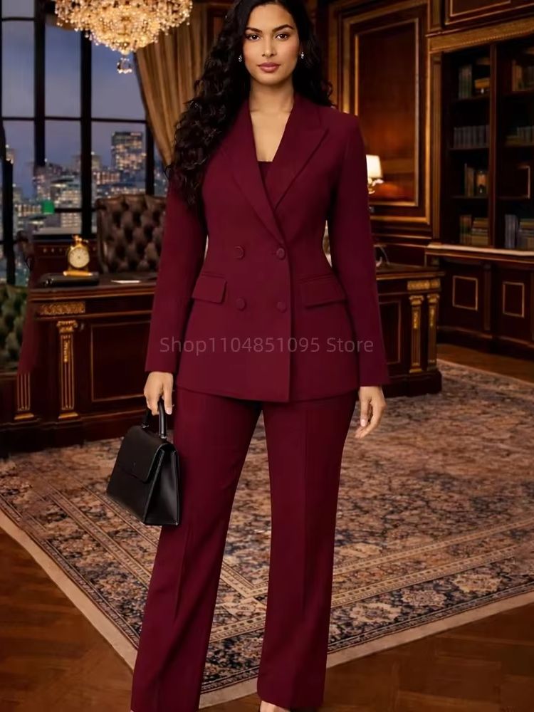 ファッションシックなバーガンディスーツ女性のためのダブルブレ - Wool Suit Jacket のレビューと価格