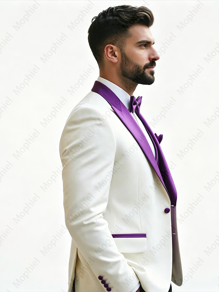 白いメンズスーツ3点セット、スリムフィット、ピークドラペル、 - Men'S Formal Wear のレビューと価格