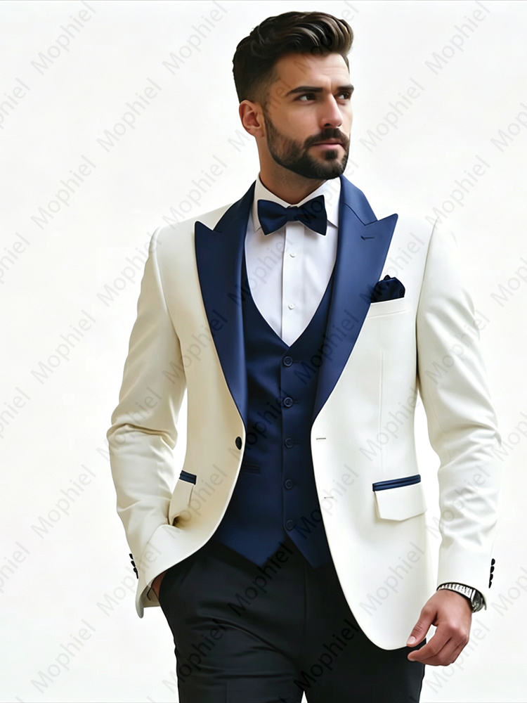 白いメンズスーツ3点セット、スリムフィット、ピークドラペル、 - Men'S Formal Wear のレビューと価格