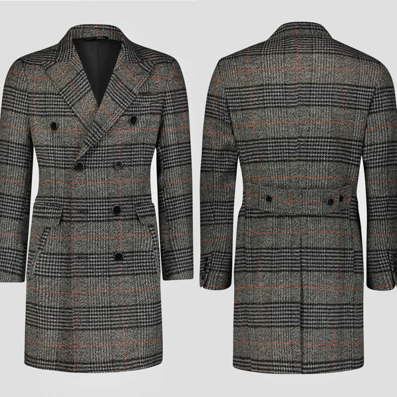 モダンなグリッドウール混紡メンズオーバーコート1枚ダブルブレ - Men Formal Wear Modern のレビューと価格