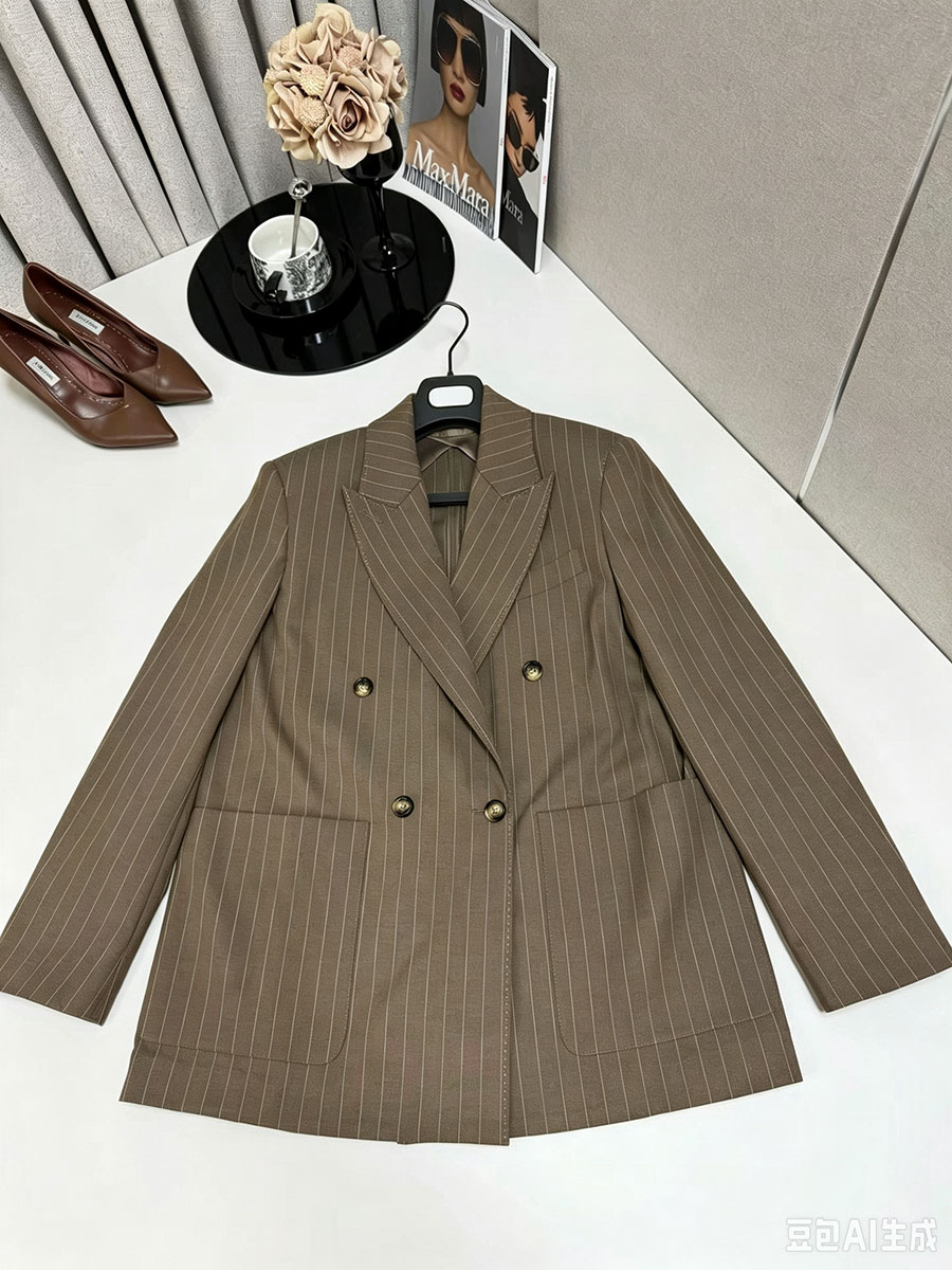 洗練されたピンストライプのトラウザースーツ。ダブルブレストの - Wool Suit Jacket のレビューと価格