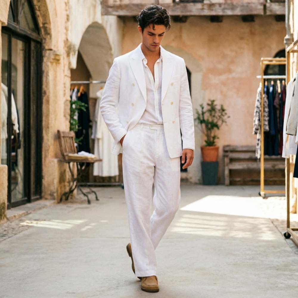セージグリーンリネンメンズスーツリラックスしたダブルブレスト - Men'S Relaxed Formal Wear のレビューと価格
