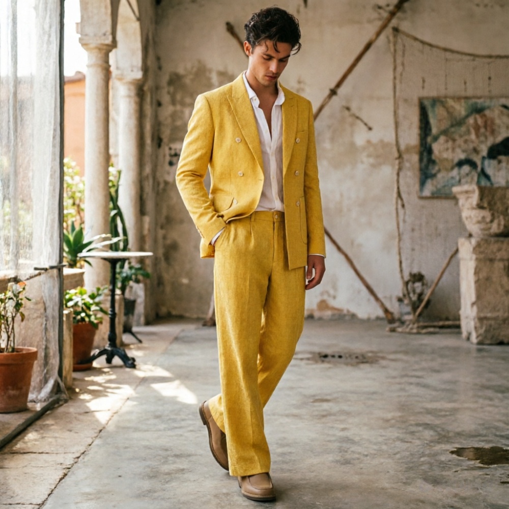 セージグリーンリネンメンズスーツリラックスしたダブルブレスト - Men'S Relaxed Formal Wear のレビューと価格