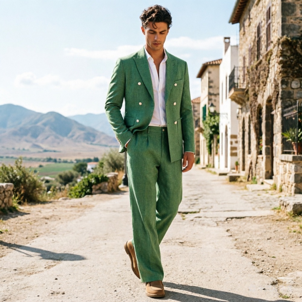 セージグリーンリネンメンズスーツリラックスしたダブルブレスト - Men'S Relaxed Formal Wear のレビューと価格